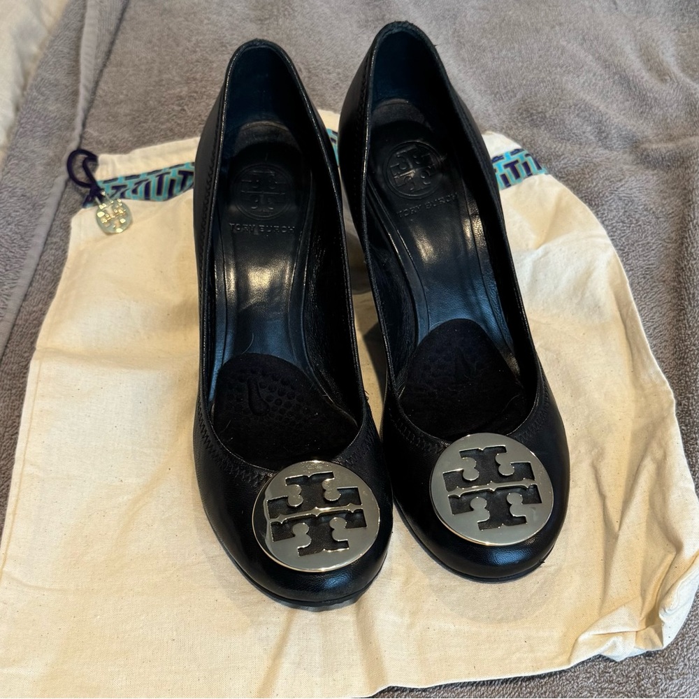 Tory Burch black leather wedges
